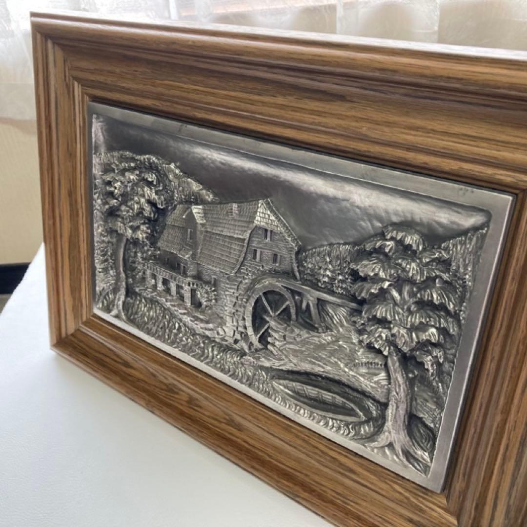ドイツ 錫 金属 工芸品 彫刻 手作り 額装 レリーフ レトロ ヴィンテージ
