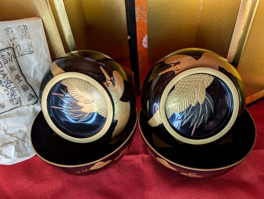 明治時代 輪島塗 金蒔絵 椀 2客 鶴亀 お正月用 木製 汁椀 菓子椀 漆器