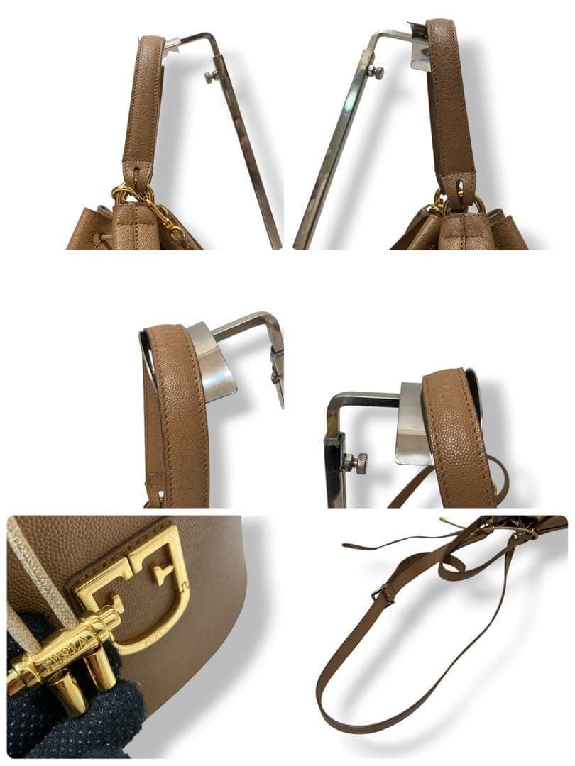 【美品】フルラ　バケット　巾着ショルダーバッグ　ロゴ金具　レザー　茶色　斜め掛け