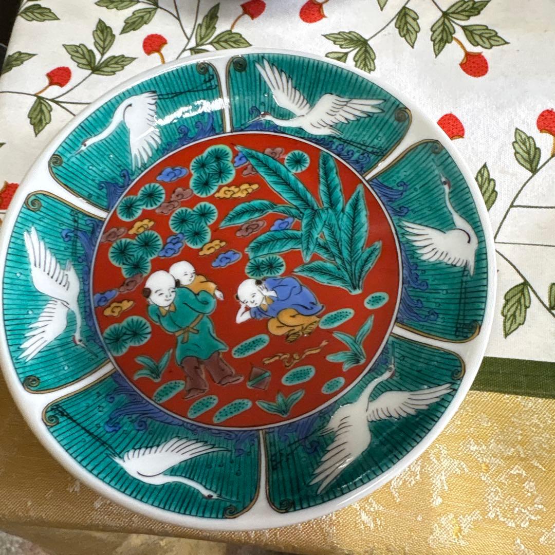 九谷焼 堀江青光作 色絵唐子文 波出茶碗 10客 共箱 V 6261 九谷焼 堀江