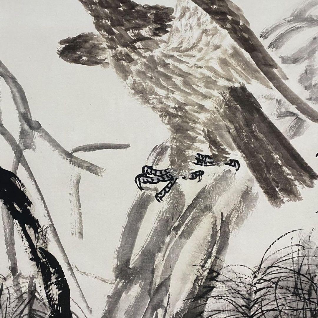 四尺 中堂 水墨画 松鷹図 齊白石風 宣紙 裏打ち済み 防伪証明書付