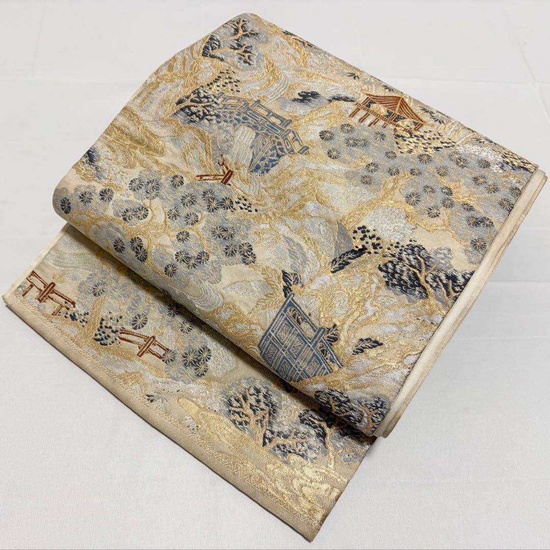 A ◇着物くつろぎ 風景模様 金糸 正絹 六通 袋帯 フォーマル O46
