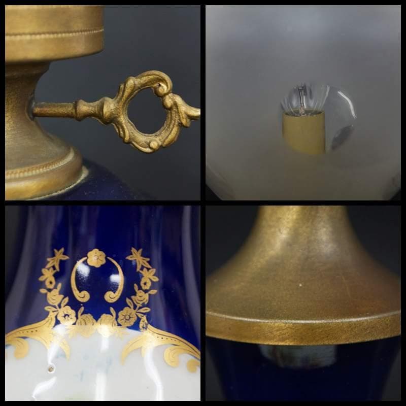 大型ランプ フリルガラスランプ 金彩色絵『貴公子と貴婦人文』洋燈