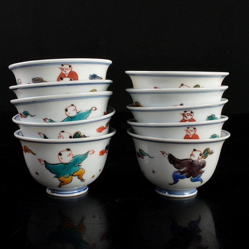 九谷焼堀江青光作色絵唐子文波出茶碗10客共箱V6261