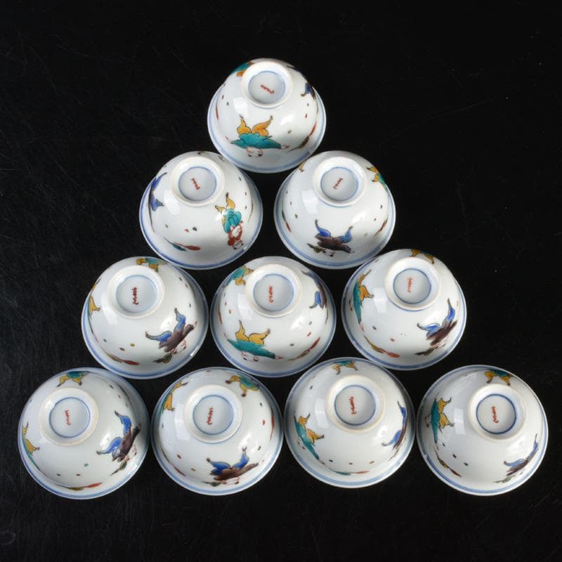 九谷焼堀江青光作色絵唐子文波出茶碗10客共箱V6261