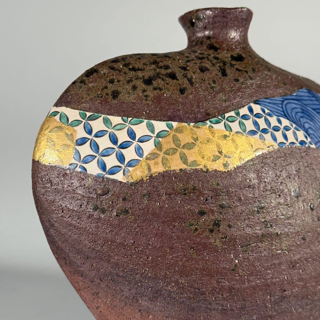 中村梅山 造】象嵌色絵扁壷 在銘 飾壺 陶芸家 加賀の仁清 花