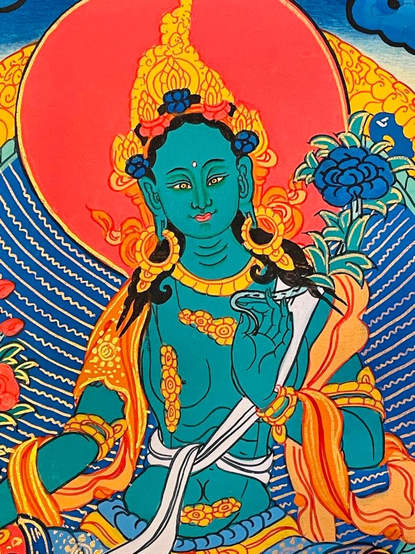 手描き 肉筆画 グリーンターラー 緑多羅菩薩 タンカ 曼荼羅 38 × 26