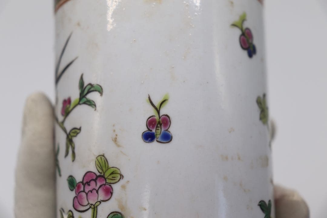 中国 粉彩 花鳥紋筆筒 同治年製銘 送料込み1222