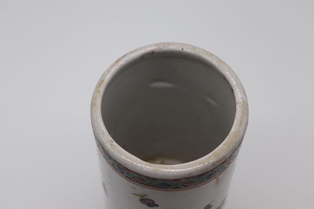 中国 粉彩 花鳥紋筆筒 同治年製銘 送料込み1222