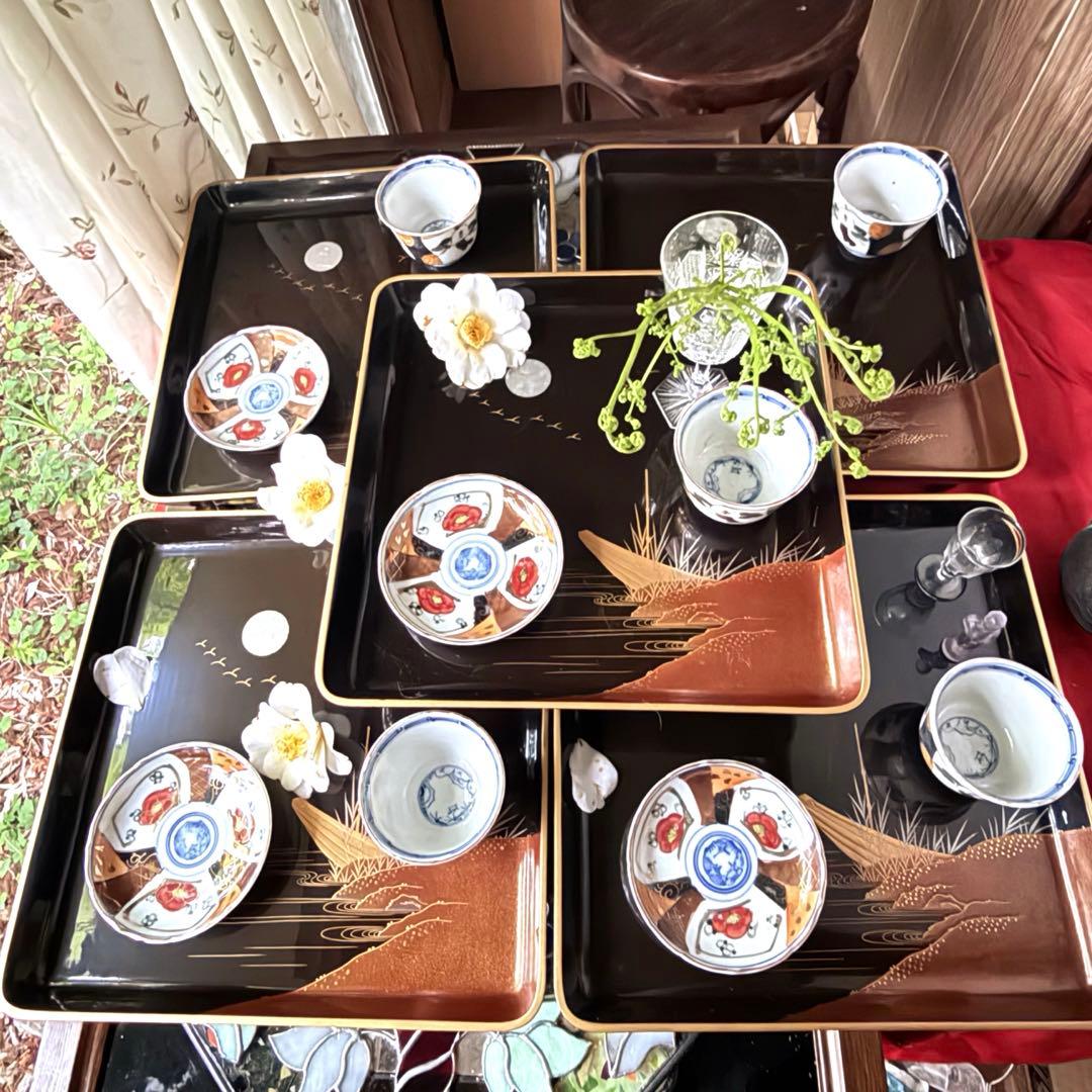 超限定無事終了‼️JAPAN時代蒔絵「源氏物語　須磨　明石」御膳5客