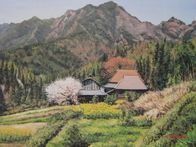 新名宜昭、【山里の春】、希少な額装用画集より、美品、新品額装付