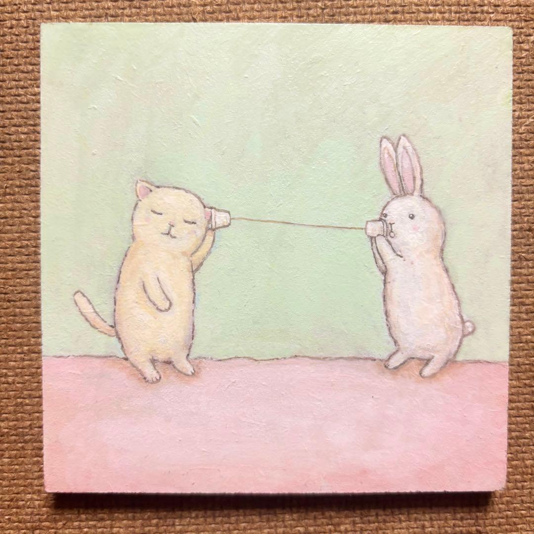 自作絵画 猫とウサギの秘密の会話 猫とウサギの絵 - メルカリ