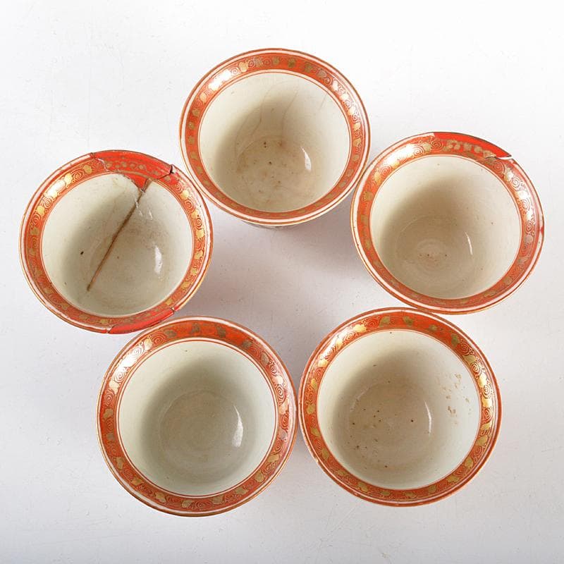 九谷焼　大日本九谷　北秀製　赤絵金彩　煎茶碗　五客　時代箱付　D　R5715