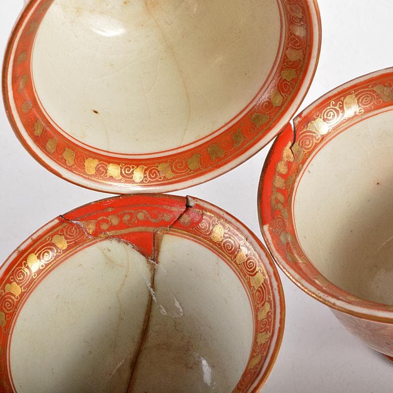 九谷焼　大日本九谷　北秀製　赤絵金彩　煎茶碗　五客　時代箱付　D　R5715