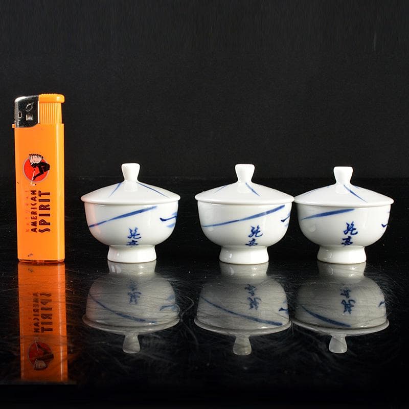 京焼 平安 光峰作 染付笹文 蓋付 猪口 3客 V