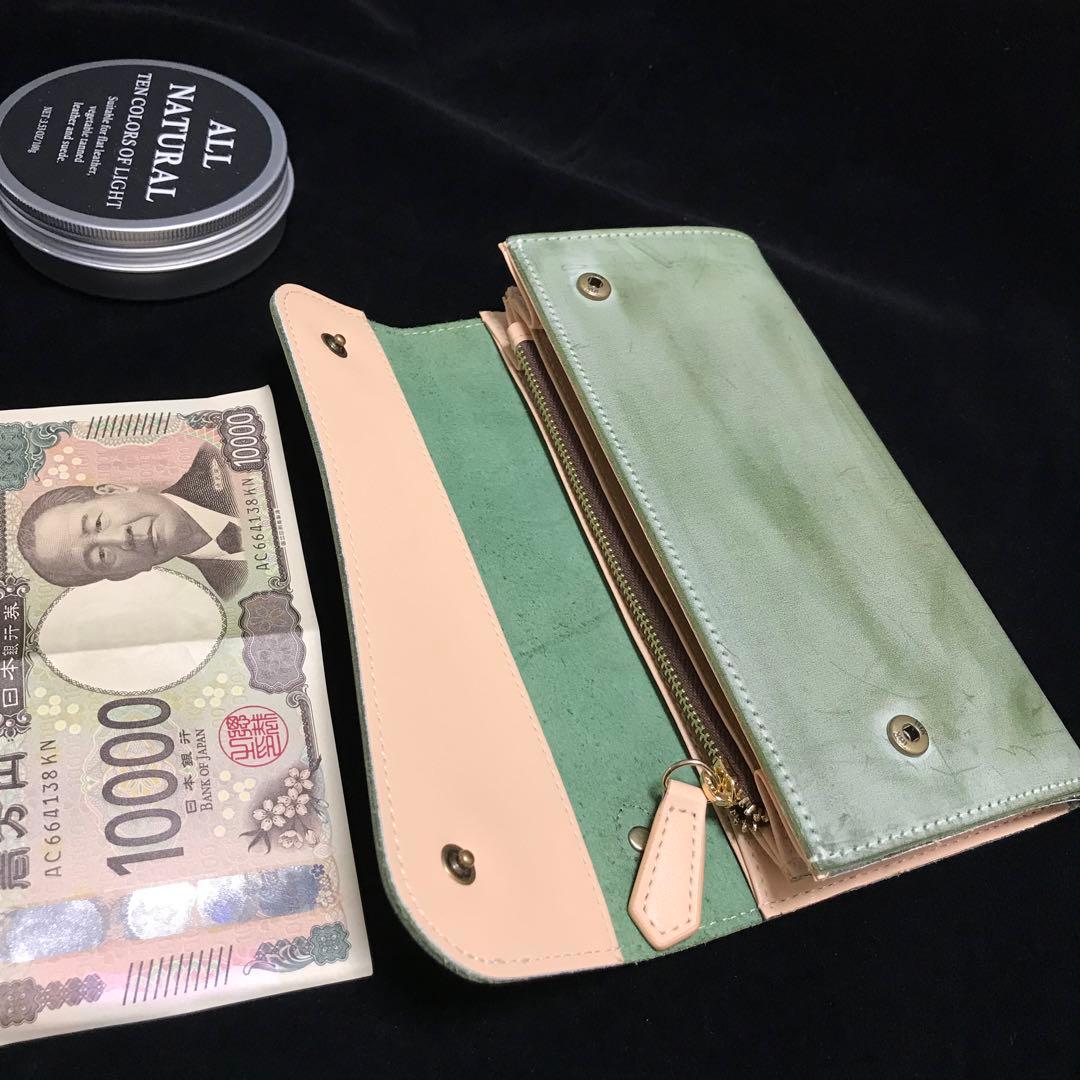 ハ*ラ様 緑長財布 本革 ブライドルレザー メンズ ヌメ革　ロングウォレット　レ
