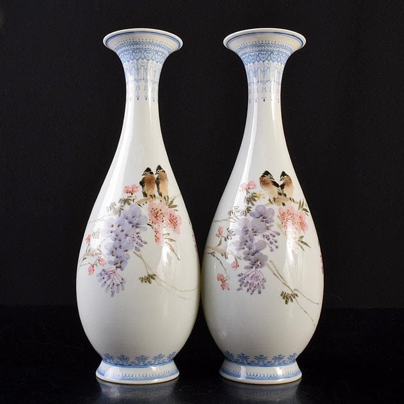 中国 中国景徳鎮製款 薄胎 粉彩 漢詩花鳥文瓶 一