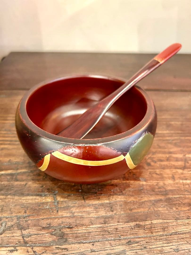 [新品未使用品] 漆器 椀 さじスプーン付き 多彩なストライプ