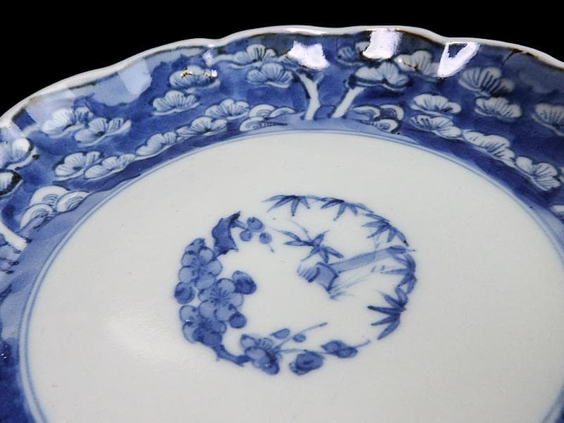 古伊万里　染付　松林に松竹梅の図　６寸半皿　C743AS-BQy