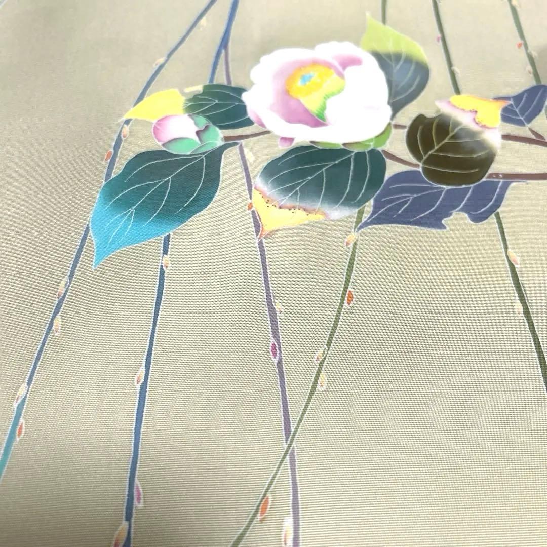 正絹　作家落款あり　名古屋帯【塩瀬　友禅染】《椿　ねこやなぎ》
