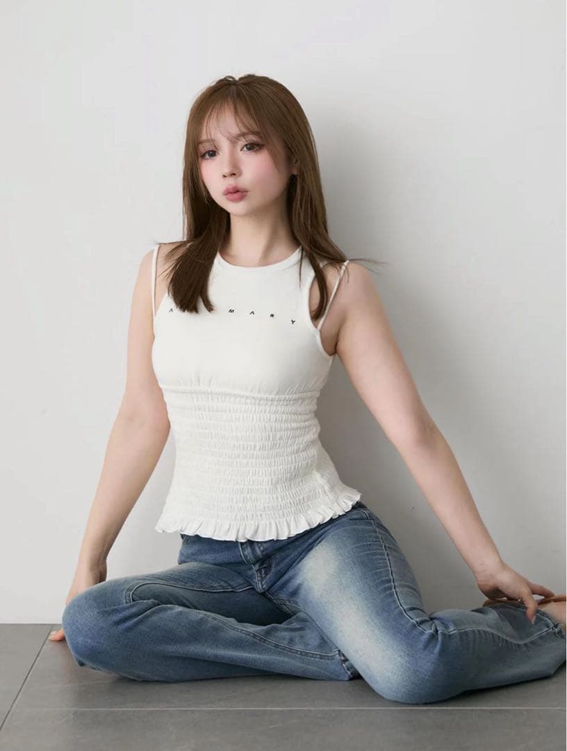 トップス Ami shirring logo tops White andmary