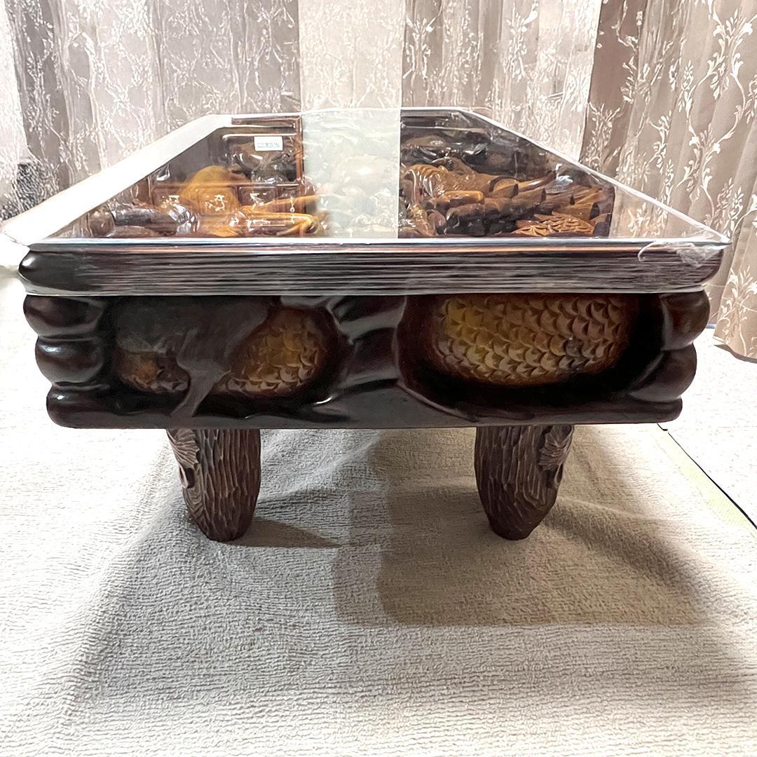 希少 送料込】中国美術 干支 彫刻 木彫 テーブル アンティーク ガラス