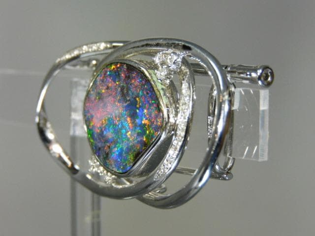 天然ボルダーオパール ダイヤ入 K18WG K14WGブローチ 帯留 ユーズド品