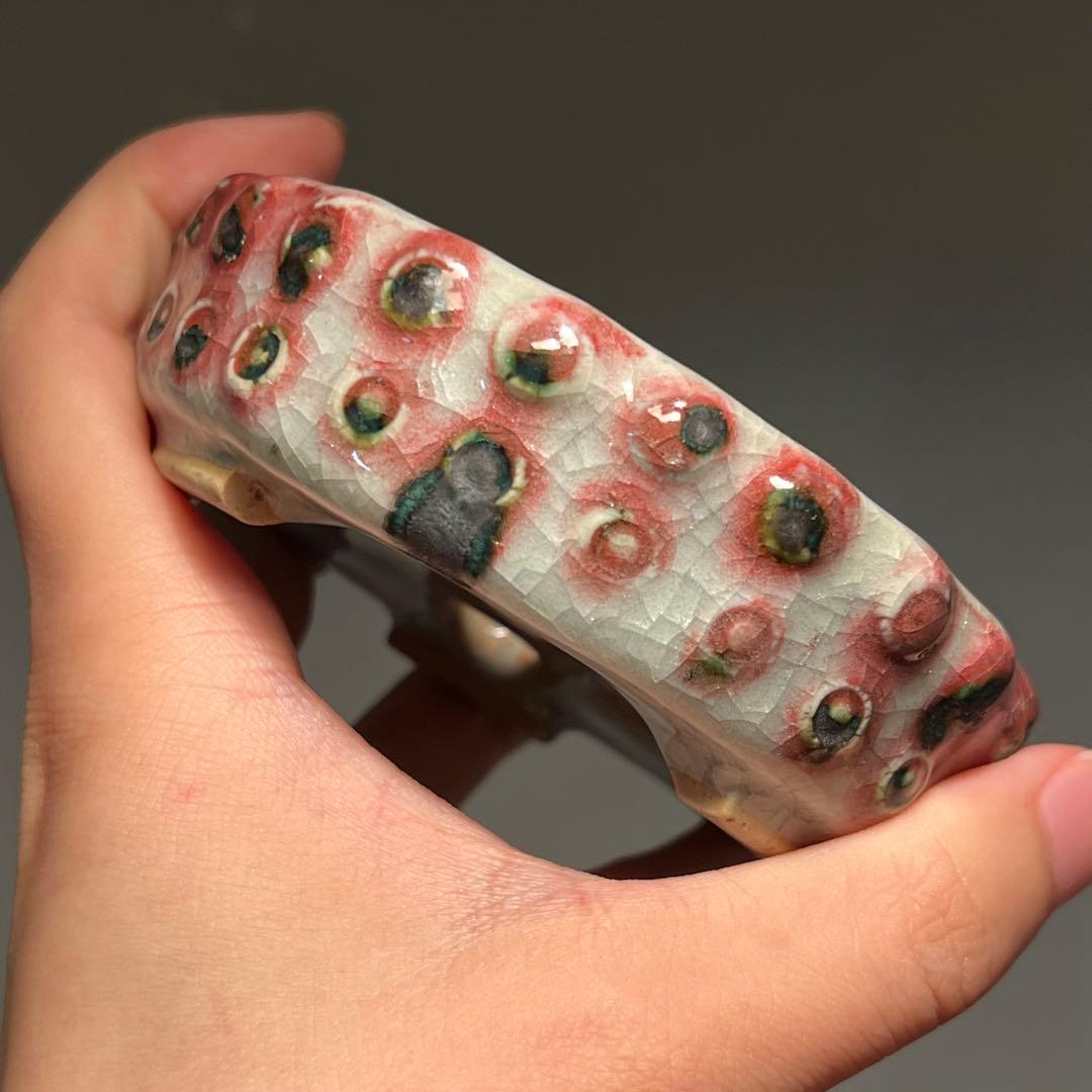 761.今岡町直 辰砂鼓釘丸鉢 盆栽鉢 植木鉢 10.6*3.2cm