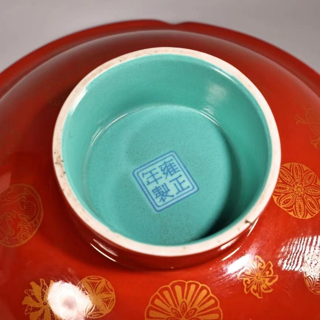 中国古美術・珍蔵七宝彩と粉彩・赤釉と描金磁器の碗・純手描き・箱付