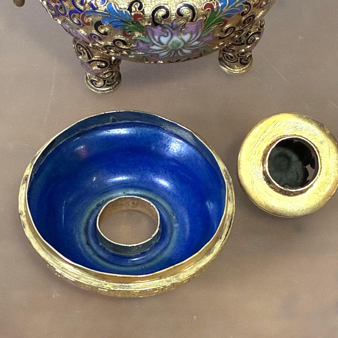 中国美術 三つ脚 七宝焼香炉 金彩唐蓮花紋 景泰藍 耳輪 獅子