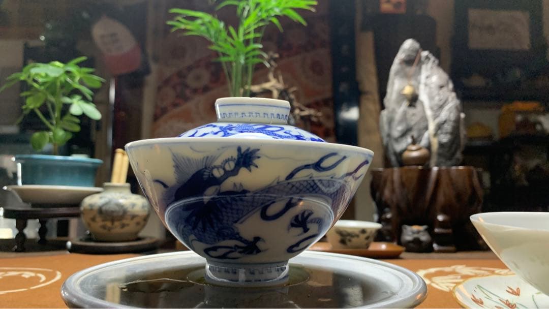 アンティーク　在銘　上品な龍紋　伊万里　染付お椀　茶碗　中国茶蓋付お碗　茶道具