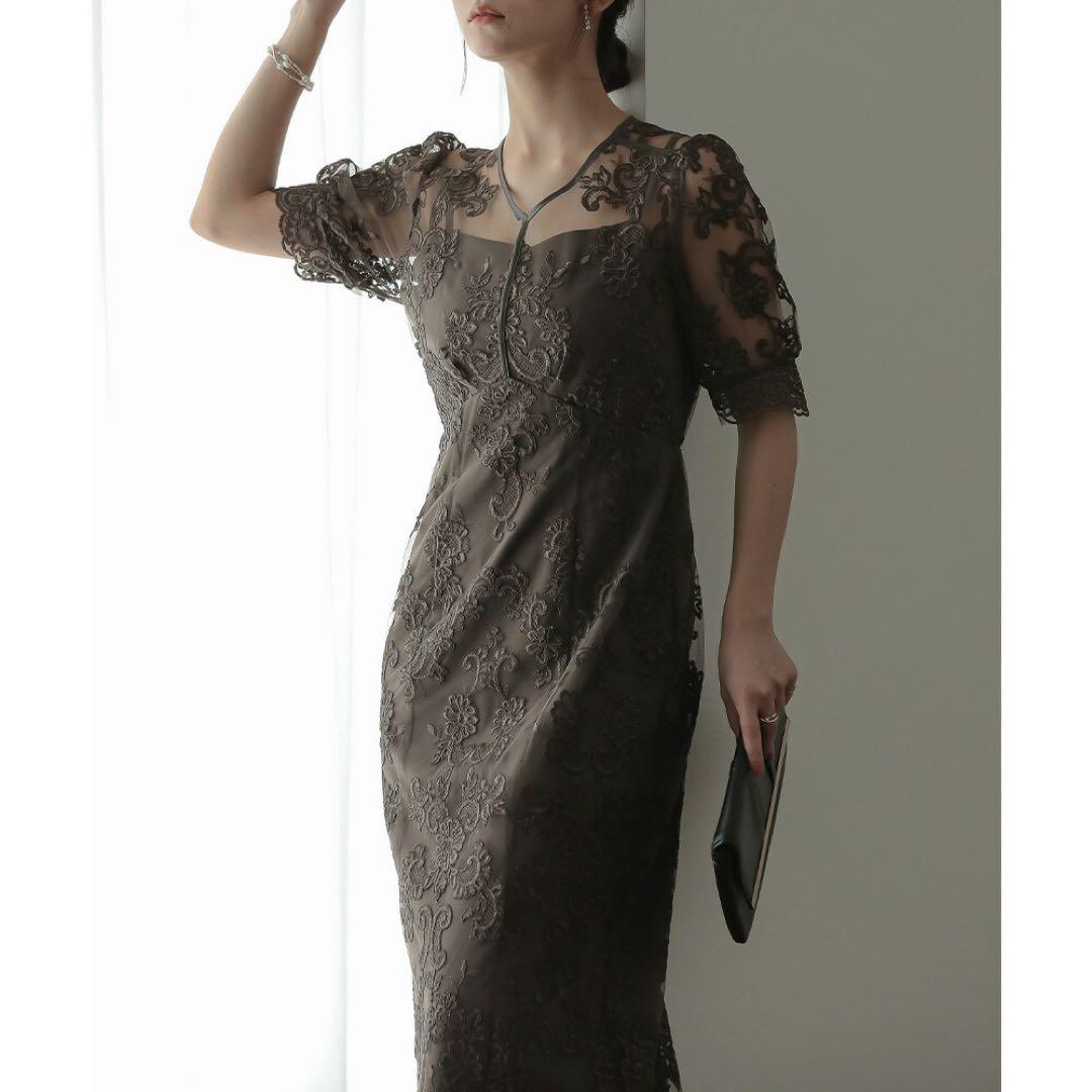 【美品✨】パーティードレス　オケージョンドレス　刺繍レース　結婚式　ブラウン　M