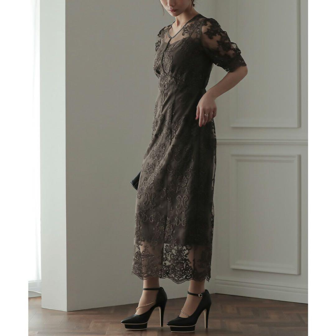 【美品✨】パーティードレス　オケージョンドレス　刺繍レース　結婚式　ブラウン　M