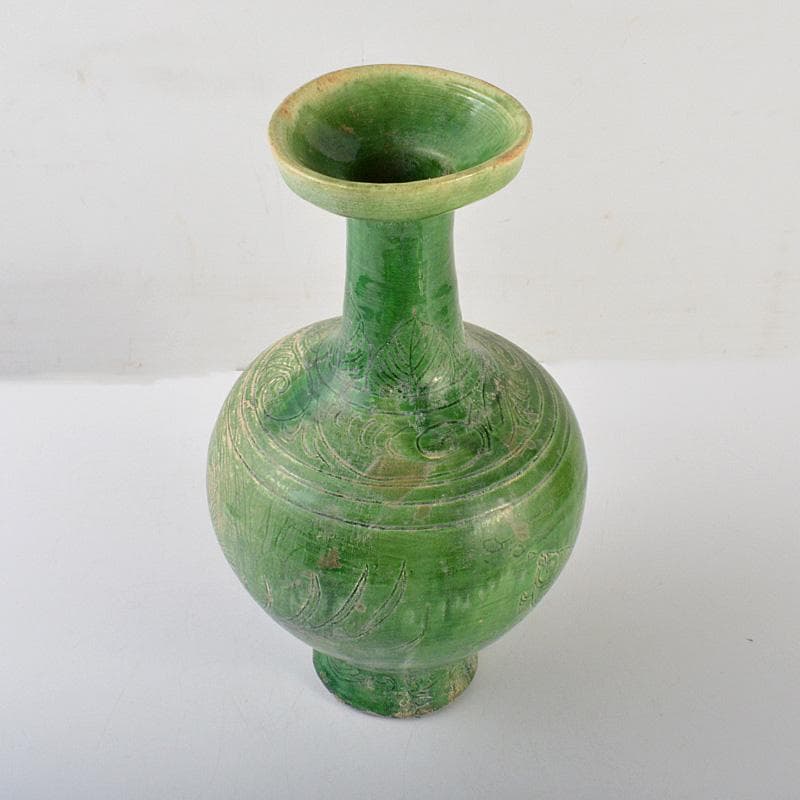 中国 漢緑釉 魚藻文 碗口瓶 花瓶 V 6554C