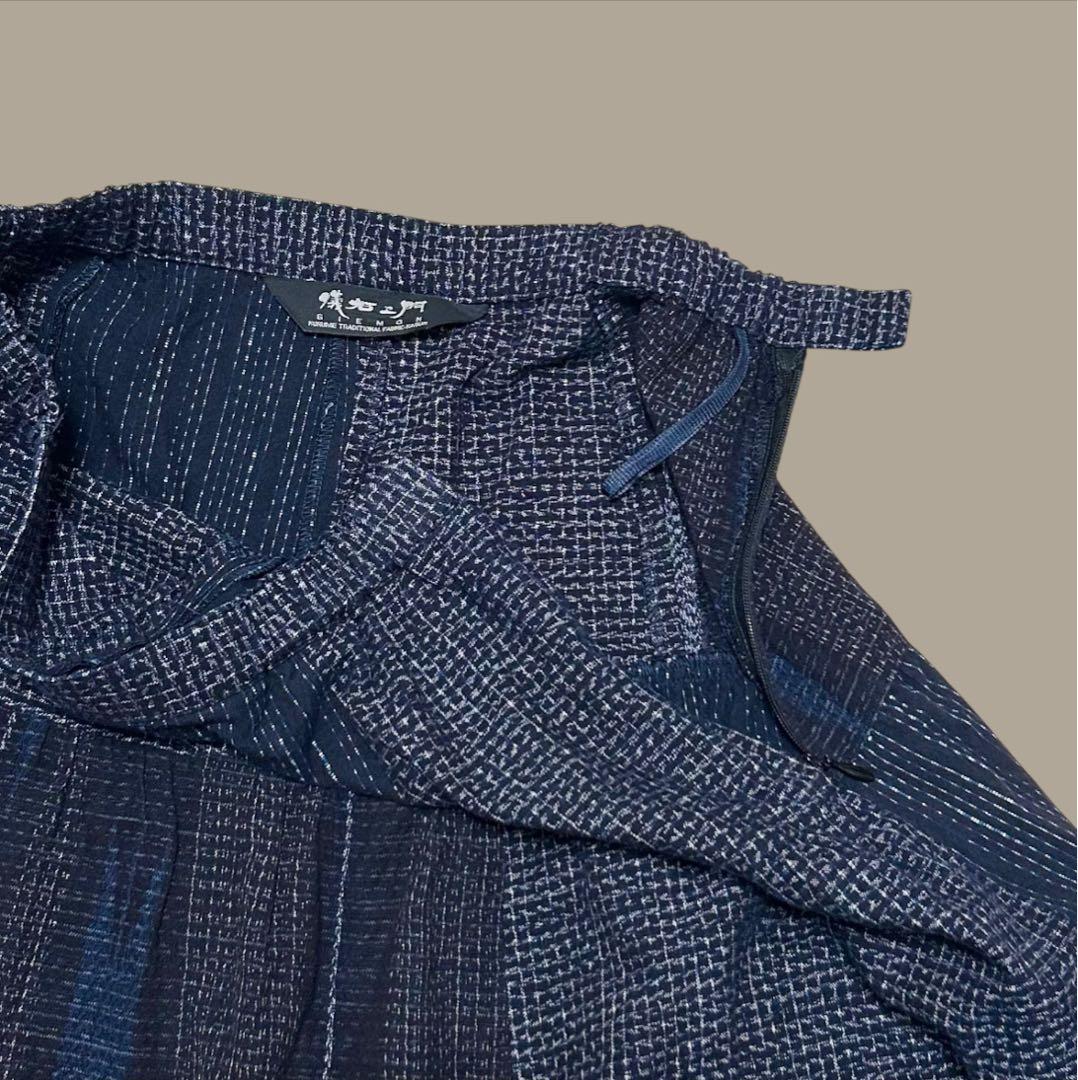 儀右ヱ門 久留米絣 フレアスカート パッチワーク ネイビー ひざ丈 美品