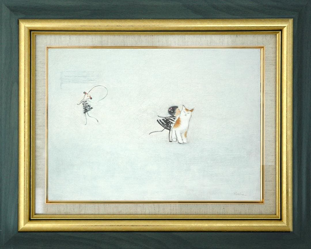 油絵 菅家令子 絵 絵画インテリア額付 (黒) F4-090718 子猫と女の子