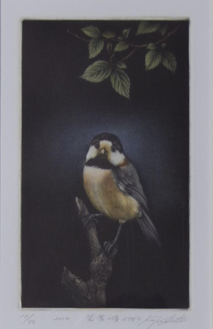生田宏司 「若葉のころ ヤマガラ」 銅板画 25×14cm 真作 mc