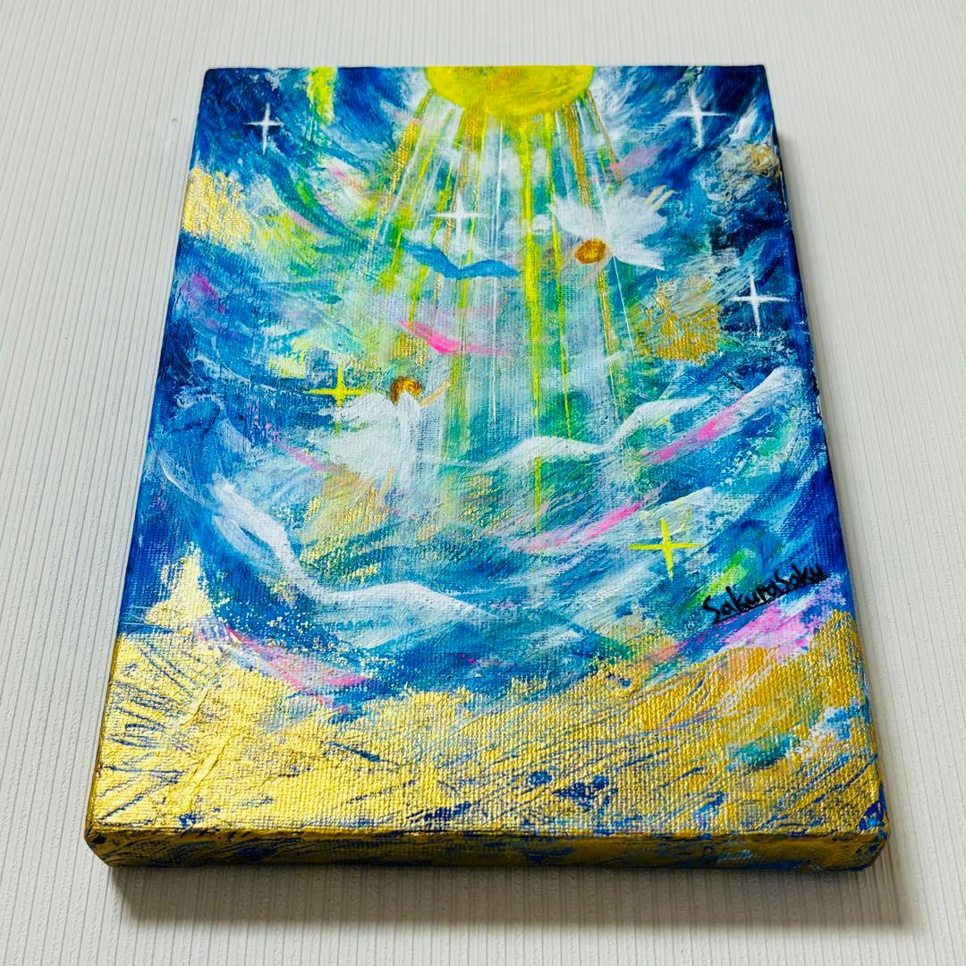 【降り注ぐ金色の光】,天使,angel,空,青空,光,ブルー,青,青い鳥,抽象画