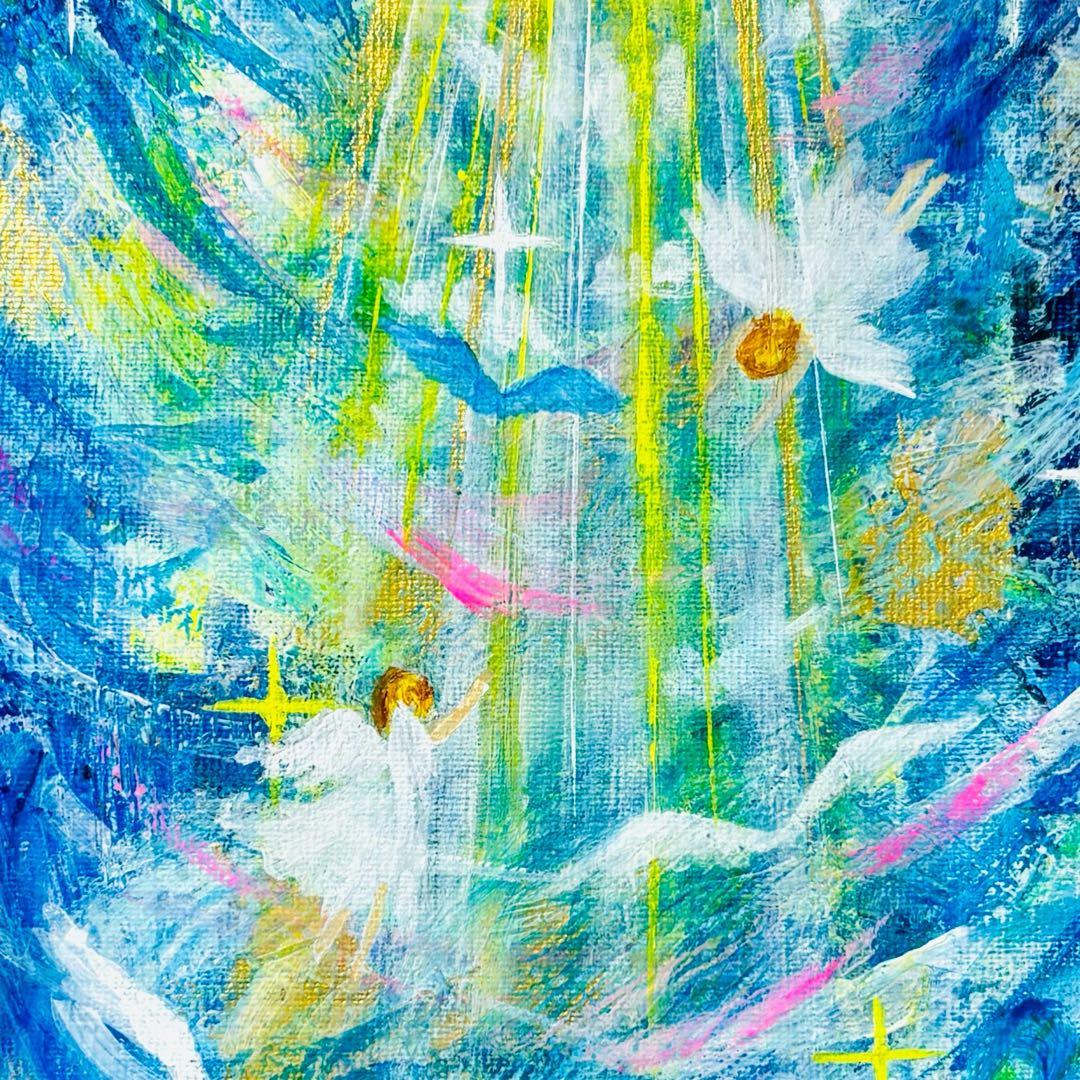 【降り注ぐ金色の光】,天使,angel,空,青空,光,ブルー,青,青い鳥,抽象画