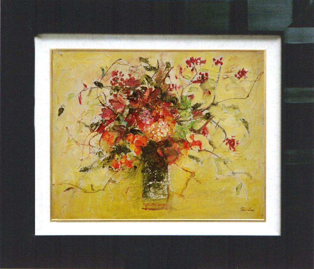 油絵 菅家令子 絵 絵画インテリア 額付(青緑＋金色の枠)F4-070702