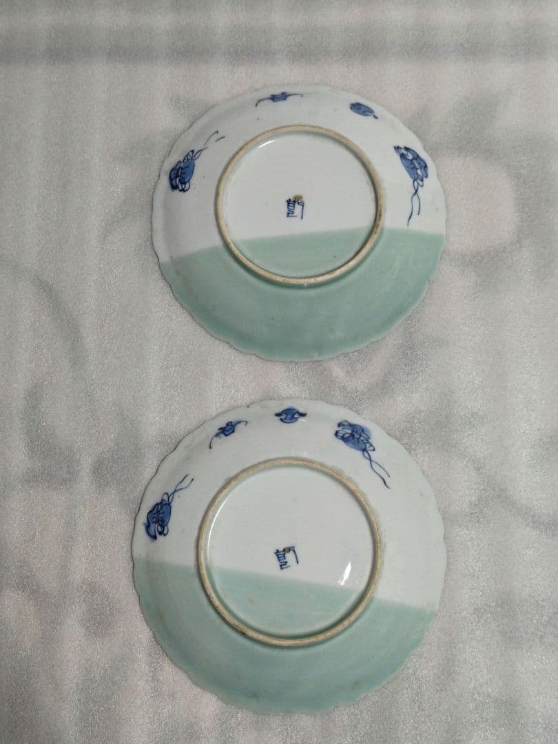 古伊万里　青磁　染付　風景皿　中皿　骨董　輪花形