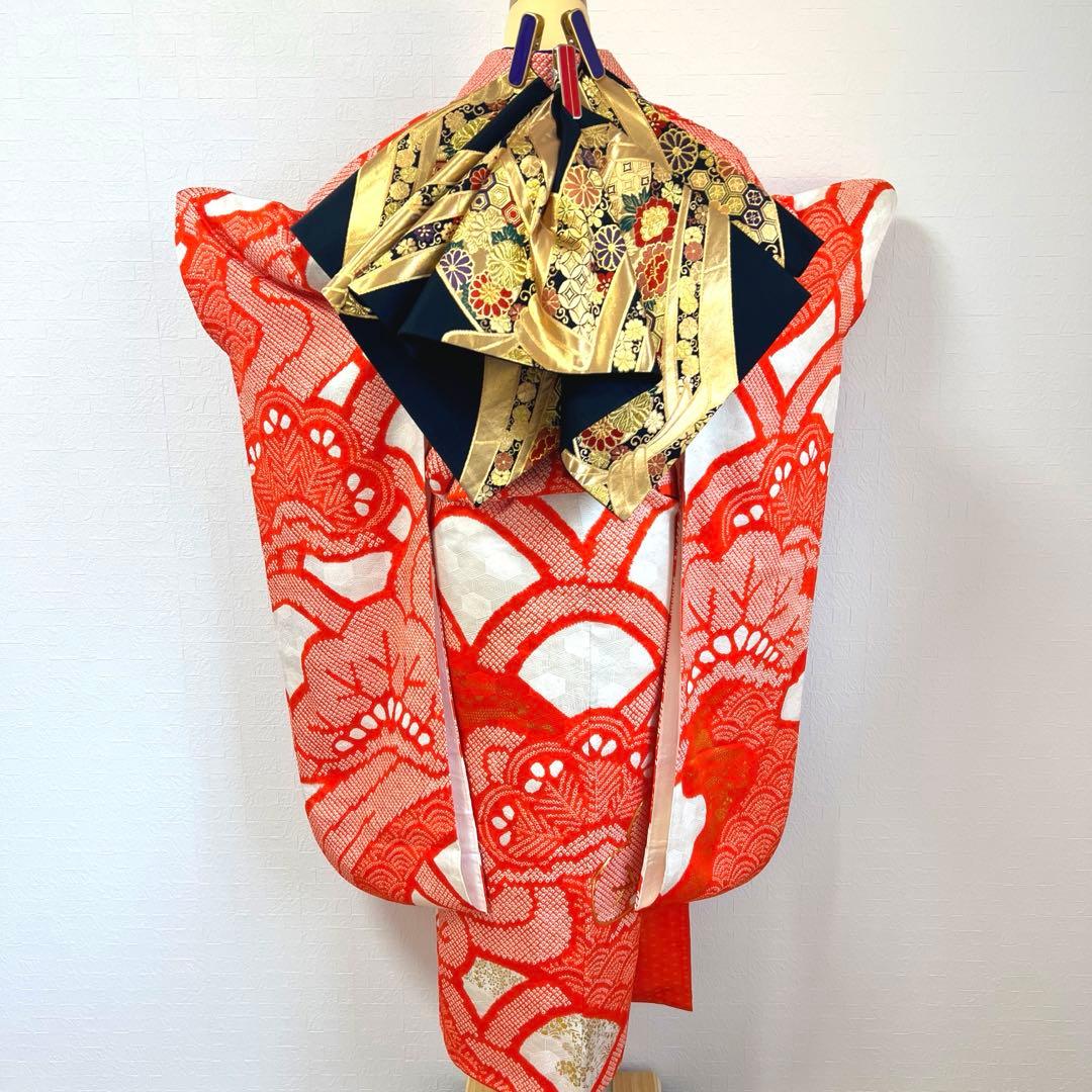 484 振袖フルセット 正絹 朱赤 オレンジ 紅白 絞り 駒刺繍 レトロ 松文