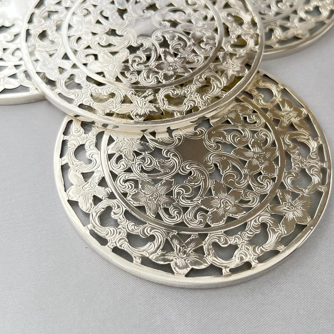 【WEBSTER】 【純銀 / ガラス】コースター 4枚 スターリングシルバー