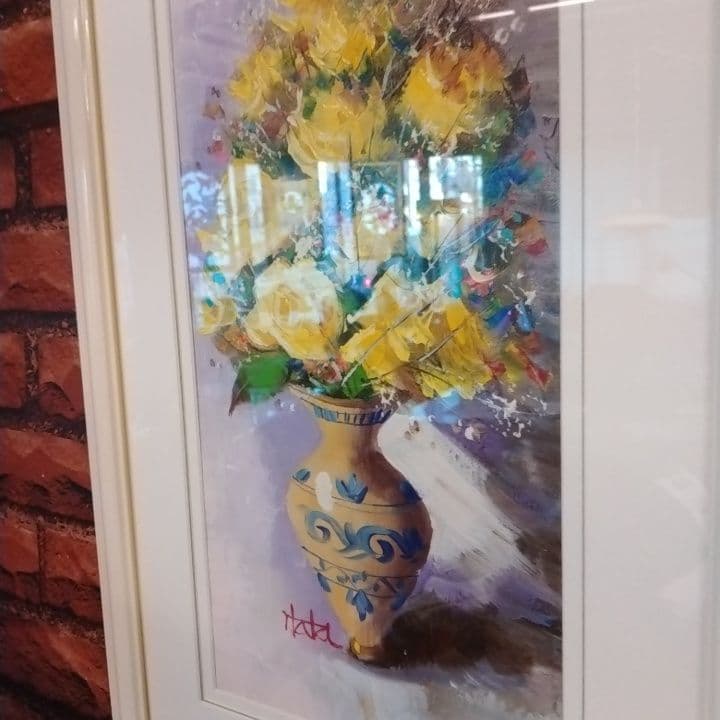 黄色いバラ　薔薇　ローズ　花瓶　油絵