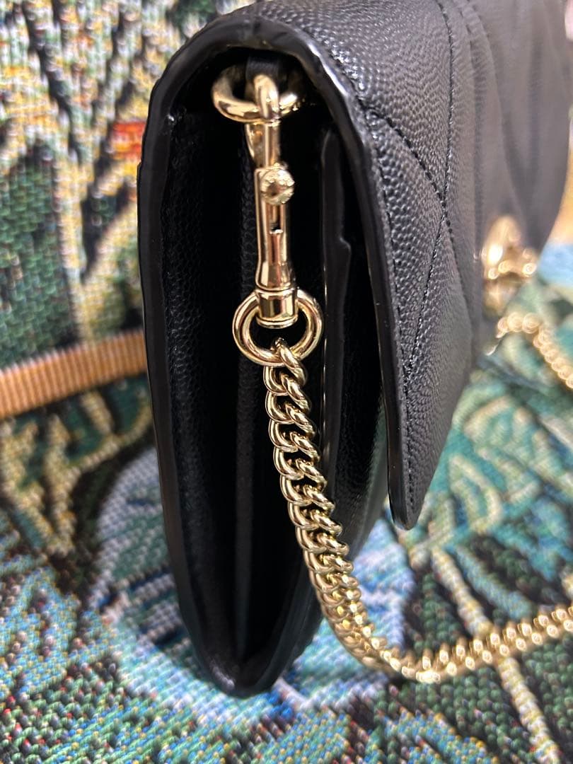 【美品】coach、コーチ、ブラックレザーキルティングゴールドショルダーバッグ