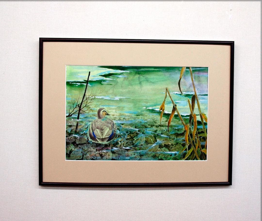 絵画「薄氷の朝の鴨」　水彩画