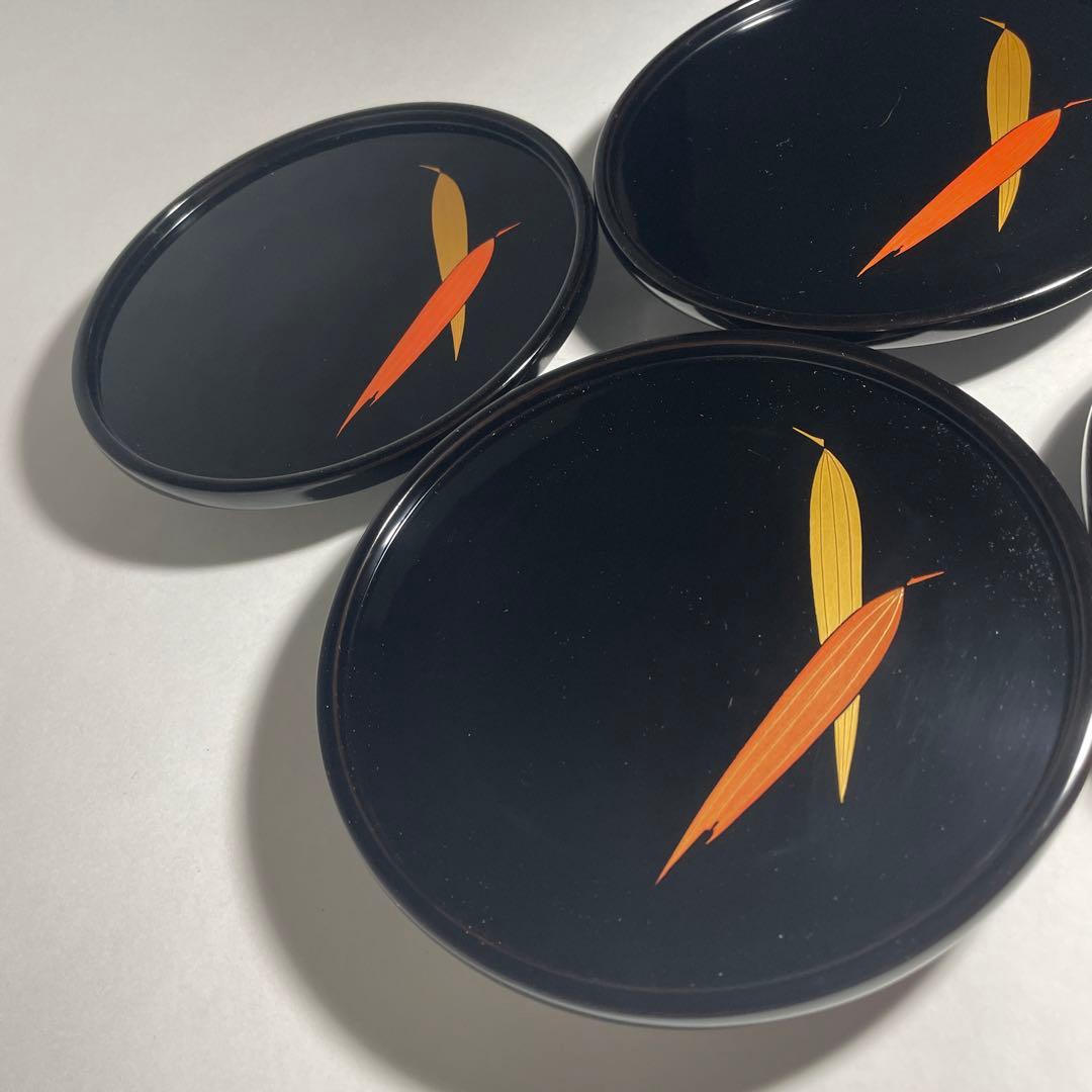 輪島塗 蒔絵笹 黒塗菓子皿五枚揃い【中前典次】作 中前謹製 天然木◆