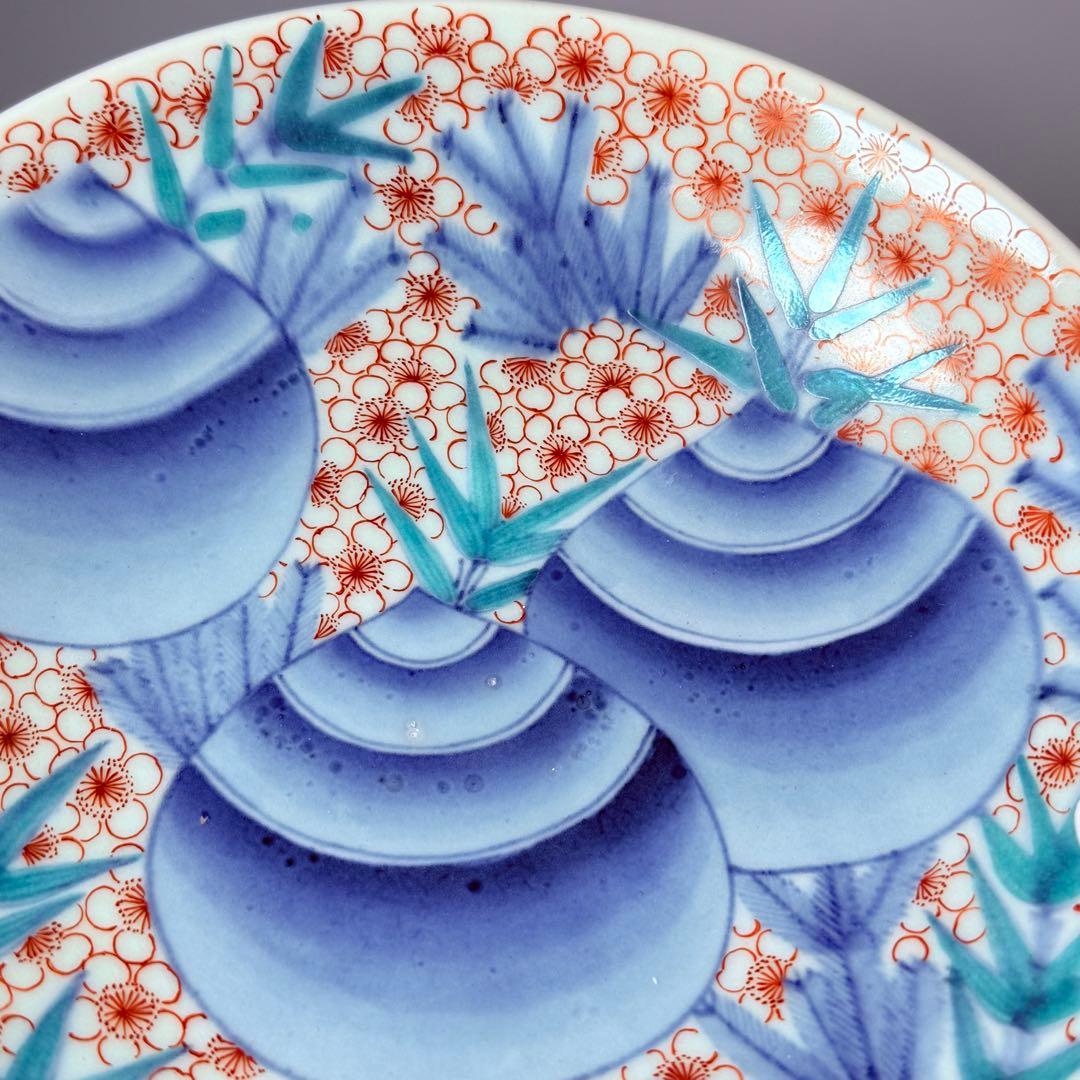 後期鍋島 献上品 色絵宝珠文高台皿 櫛文様高台 共箱 赤絵 桜文様