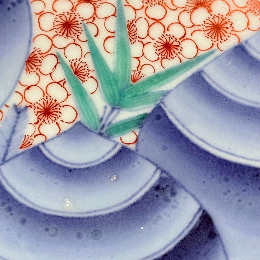 後期鍋島 献上品 色絵宝珠文高台皿 櫛文様高台 共箱 赤絵 桜文様