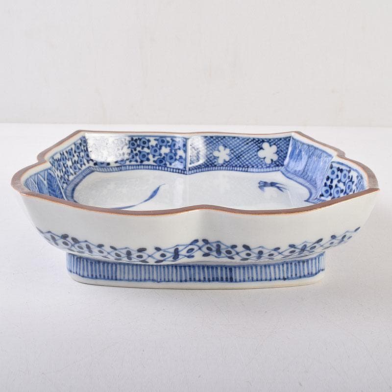 九谷焼　九谷寿楽窯　嶋田寿楽作　染付　菖蒲文　盛皿　共箱　V　R9055